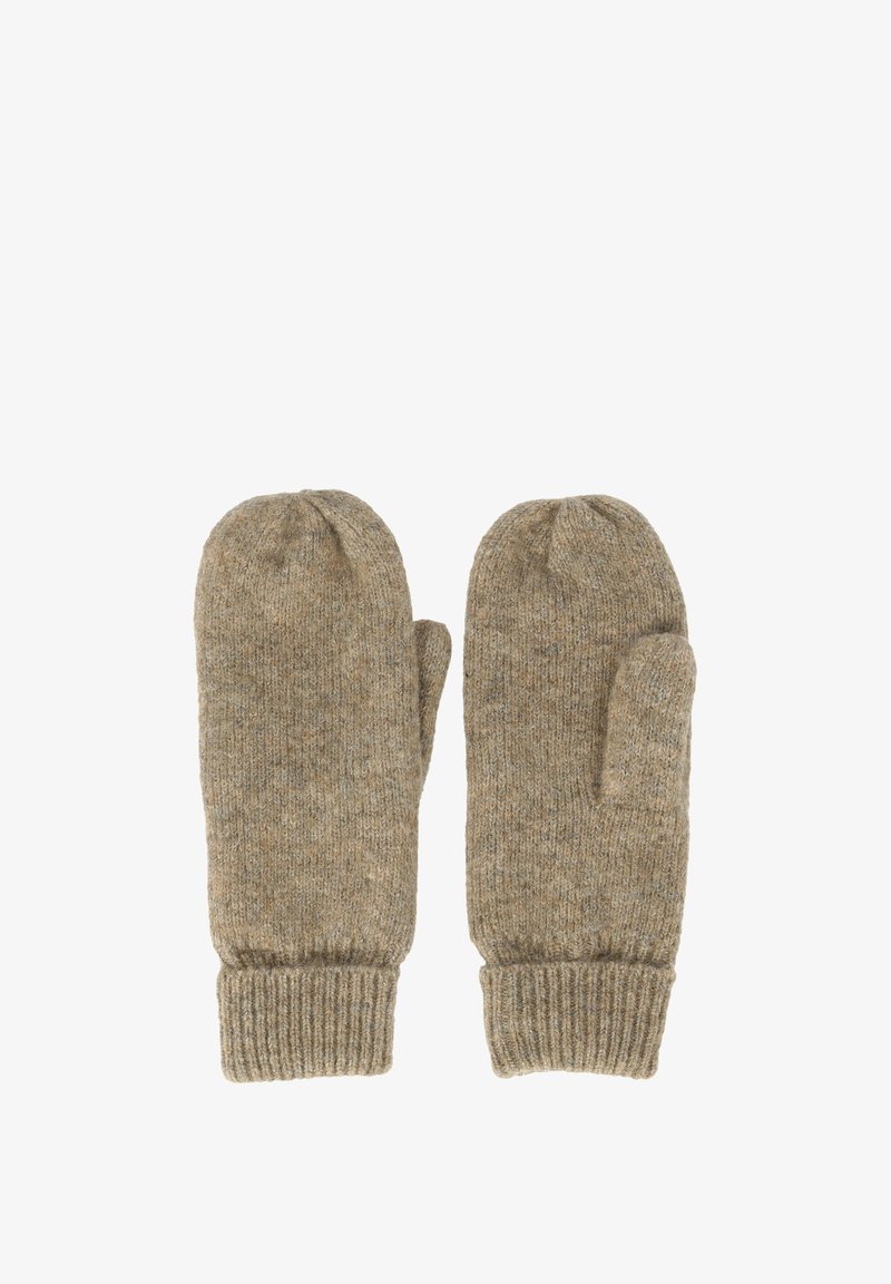 Moufles en tricot dans une teinte brune douce avec une texture douce, dotées d'un poignet côtelé pour une isolation et une chaleur supplémentaires.