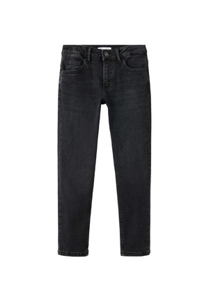 Jean en denim noir avec poches avant, passants de ceinture et fermeture par bouton, posé à plat sur fond blanc.