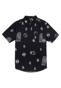 Camicia nera a maniche corte con motivi grafici bianchi, inclusi fiori, simboli della pace e il logo RVCA. Chiusura frontale con bottoni e dettaglio tasca.