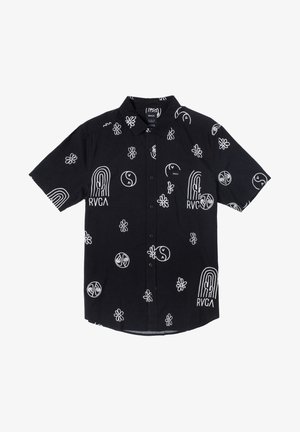 Camicia nera a maniche corte con motivi grafici bianchi, inclusi fiori, simboli della pace e il logo RVCA. Chiusura frontale con bottoni e dettaglio tasca.