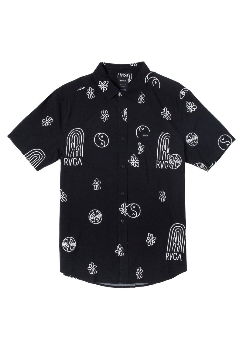 Camicia nera a maniche corte con motivi grafici bianchi, inclusi fiori, simboli della pace e il logo RVCA. Chiusura frontale con bottoni e dettaglio tasca.