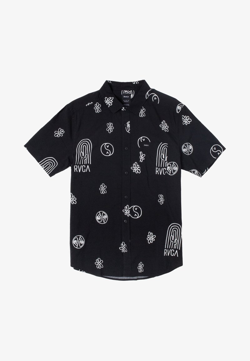 Camicia nera a maniche corte con motivi grafici bianchi, inclusi fiori, simboli della pace e il logo RVCA. Chiusura frontale con bottoni e dettaglio tasca.