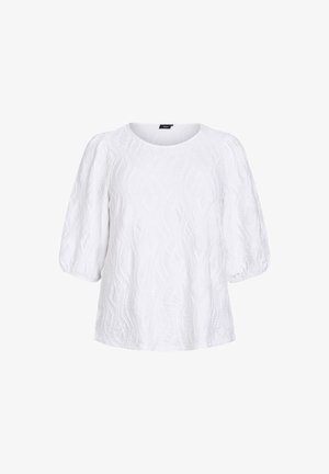 White top made of textured fabric, featuring a round neckline and short puff sleeves with a wave-pattern design.