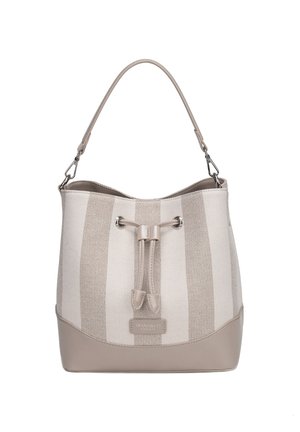 Borsa a secchiello a righe beige e taupe con rifiniture in pelle, tracolla regolabile, chiusura con coulisse e targhetta metallica del marchio sul davanti.