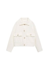 Giacca bianca in velluto a coste con colletto, chiusura frontale con bottoni e due tasche al petto. Presenta un design corto e una texture a coste.