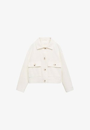 Weiße Cordjacke mit Kragen, vorderer Knopfleiste und zwei Brusttaschen. Verfügt über ein kurzes Design und eine gerippte Textur.