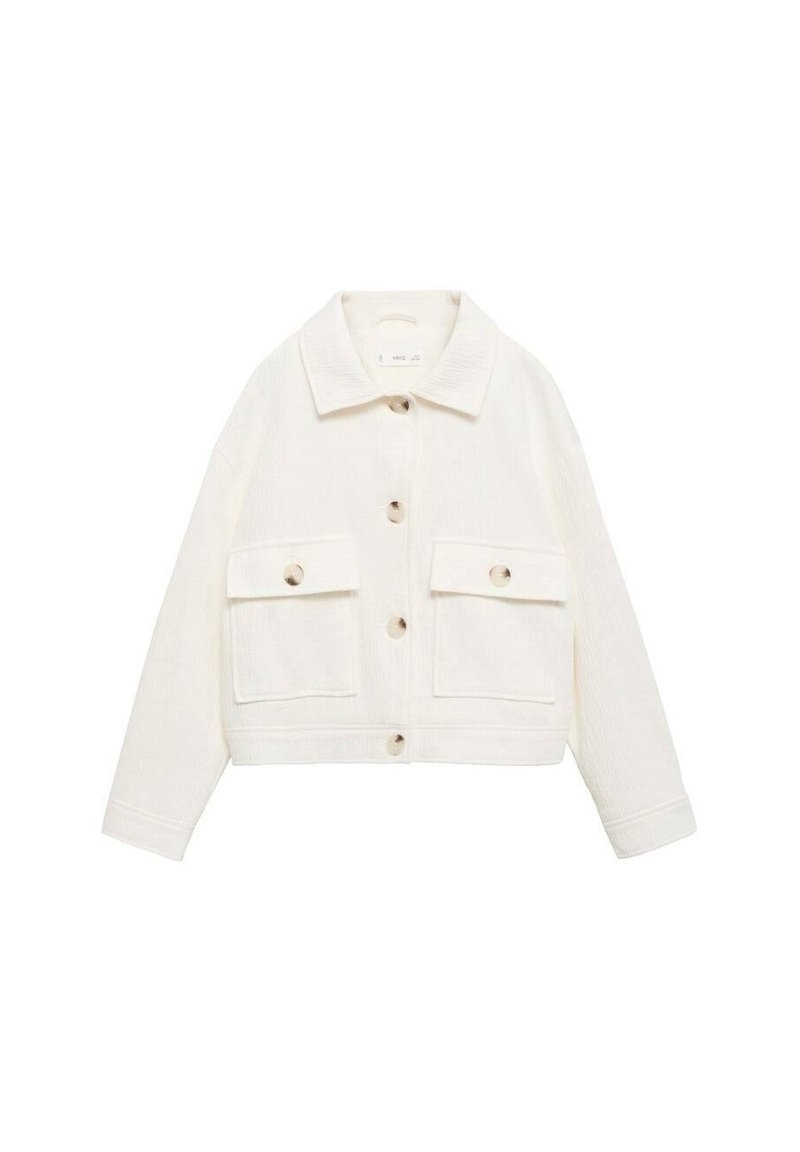 Giacca bianca in velluto a coste con colletto, chiusura frontale con bottoni e due tasche al petto. Presenta un design corto e una texture a coste.
