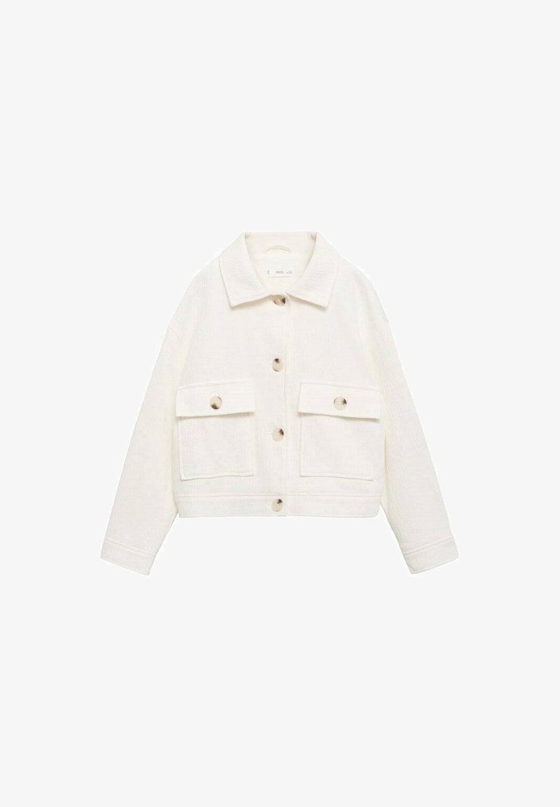 Giacca bianca in velluto a coste con colletto, chiusura frontale con bottoni e due tasche al petto. Presenta un design corto e una texture a coste.