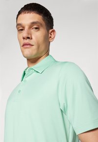 Mintgrønn polo skjorte med krage, tre knapper og korte ermer. Stoffet har en glatt, strukturert overflate.