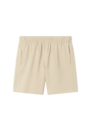 Pantalones cortos casuales beige con cintura elástica y bolsillos laterales, hechos de tela suave, ideales para un uso relajado.