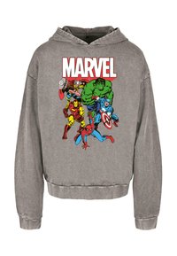 Sivi dukserica s grafičkim otiskom Marvelovih superheroja: Hulk, Iron Man, Thor, Kapetan Amerika i Spider-Man u živopisnim bojama.