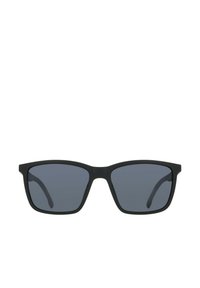 Occhiali da sole neri rettangolari con montatura opaca e lenti grigie, dotati di aste dritte e hardware minimale.
