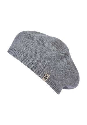 Gray knitted wool beret with a small beige tag featuring a black graphic logo, displayed against a white background.