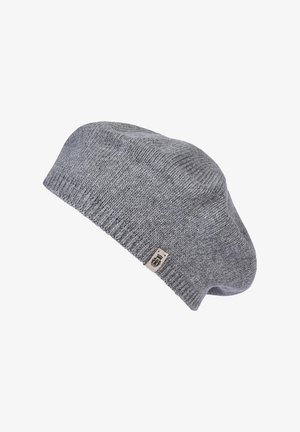 Gray knitted wool beret with a small beige tag featuring a black graphic logo, displayed against a white background.