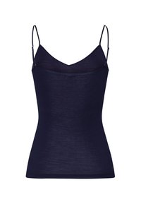 Námorně modrá tílko z lehkého materiálu, s tenkými nastavitelnými ramínky a výstřihem ve tvaru V, s přiléhavým střihem a hladkou texturou.