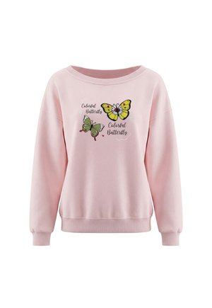 Sweat-shirt rose clair à manches longues avec poignets et ourlet côtelés, présentant deux illustrations colorées de papillons et le texte "Colorful Butterfly."