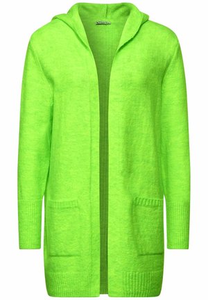 Lange neon groene cardigan met open voorkant, capuchon, lange mouwen, geribbelde manchetten en twee frontzakken.