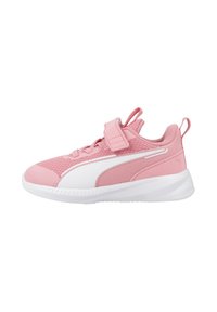 Zapatillas deportivas rosas con parte superior de malla y sintético, acentos blancos, una correa de Velcro y una suela blanca texturizada.