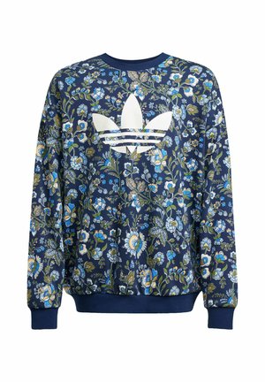 Marineblaues Sweatshirt mit floralem Muster und weißem Adidas-Logo. Weicher Stoff, gerippte Bündchen und Saum, mit ausgefallenen blauen und grünen Blumenmustern durchzogen.