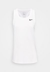 Débardeur blanc sans manches en tissu léger, avec un logo Nike noir sur la poitrine et un design simple et épuré.