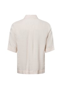 Korte mouwen, lichtbeige shirt gemaakt van linnen. Heeft een spitse kraag, een rugplooi en omgeslagen manchetten. Eenvoudig, gestructureerde stof.