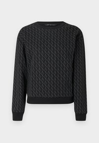 Sweatshirt preta com padrão texturizado de letras entrelaçadas, gola redonda, mangas compridas e punhos e bainha acanalados.