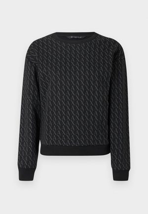 Svart genser med teksturert mønster av sammenflettede bokstaver, rund hals, lange ermer og ribbede mansjetter og nederkant.