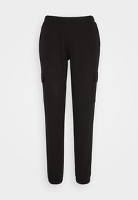 Černé teplákové kalhoty vyrobené z měkké tkaniny, s tapered střihem, elastickým pasem a dvěma bočními kapsami na cargo pro uložení.