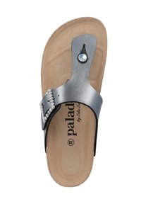 Gray sandal with a shiny strap, featuring a decorative buckle with rhinestones. The insole is tan and textured for comfort.