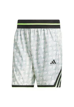 Białe i jasnozielone szorty do koszykówki z geometrycznym wzorem, czarny pas z zielonym paskiem oraz czarne boczne akcenty.