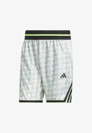 Białe i jasnozielone szorty do koszykówki z geometrycznym wzorem, czarny pas z zielonym paskiem oraz czarne boczne akcenty.