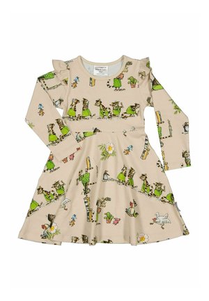 Beige mekko, jossa on pitkät hihat ja röyhelöolkapäät. Mekossa on leikkisiä sarjakuvakissoja vihreissä mekoissa sekä pieniä eläin- ja kasvi-illustraatioita.