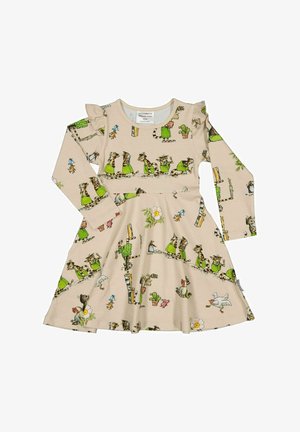 Beige mekko, jossa on pitkät hihat ja röyhelöolkapäät. Mekossa on leikkisiä sarjakuvakissoja vihreissä mekoissa sekä pieniä eläin- ja kasvi-illustraatioita.