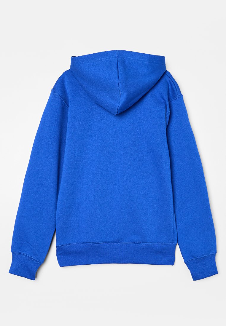 Sudadera de manga larga azul con capucha, puños y dobladillo acanalados, mostrada desde la parte posterior sobre un fondo blanco liso.