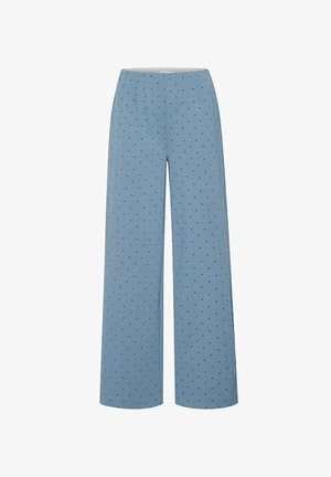 Pantalons larges bleu clair en tissu doux avec un motif à pois subtils en bleu foncé. Présente des plis à la taille pour un look ajusté.