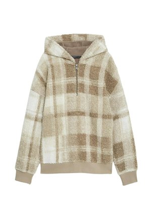 Beige und cremefarbene karierte Fleece-Hoodie mit einem Halb-Reißverschluss-Design, das eine strukturierte Außenseite und weichen Stoff aufweist. Bündchen und Saum in einfarbigem Beige.