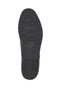 Semelle de chaussure en caoutchouc noir présentant un motif de grip texturé avec des crêtes et un emblème circulaire. Comprend la taille "37" estampillée sur la surface.