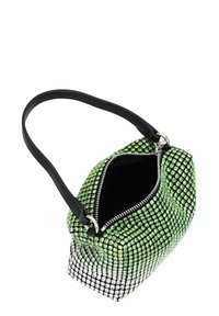 Borsa a mano verde e argento con chiusura zip, manico nero e forma strutturata, caratterizzata da un motivo testurizzato di pietre brillanti.