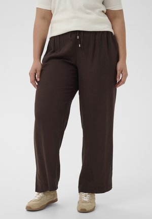 Dolná časť tela osoby oblečenej v voľných tmavohnedých nohaviciach so sťahovacou šnúrkou a béžovými teniskami na bielom pozadí.