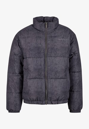 Giacca a vento in grigio scuro con finitura testurizzata, colletto alto, zip frontale e polsini elasticizzati. Motivo a rombi su tutta la superficie.