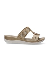 Sandalo dorato con due cinturini in tessuto adornati. Soletta imbottita e suola in gomma bianca per il comfort. Design minimalista.
