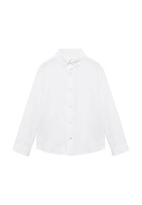 Chemise blanche à manches longues en coton, avec un col boutonné, des boutons sur le devant et un ourlet légèrement arrondi. Texture lisse.