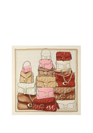 Sacs à main empilés de couleurs beige, marron, rouge, rose et blanc avec des accents dorés sur un fond beige à motif bordé de marron clair.