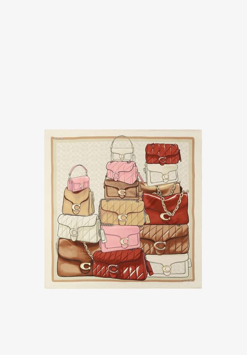 Stacked beige, brown, red, pink, and white handbags with gold accents on a beige patterned background bordered in tan.