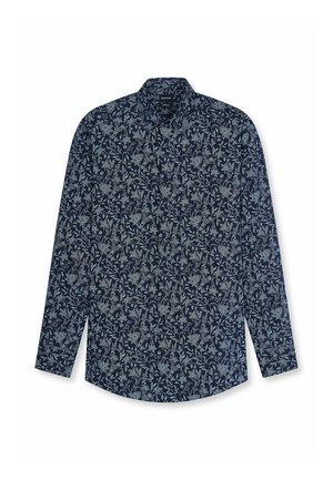 Camicia blu navy a maniche lunghe con motivo floreale azzurro chiaro e chiusura con bottoni sul davanti, stesa su sfondo bianco.