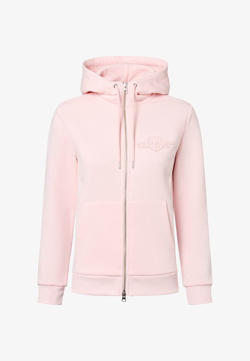 Lichtroze zip-up hoodie van zachte stof. Beschikt over een voorzak, een verstelbare capuchon met koord en een reliëflogo op de borst.