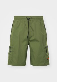 Shorts cargo kaki en tissu léger, dotés d'une taille élastique, d'un cordon de serrage et de plusieurs poches zippées.