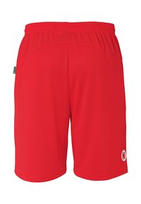 Red athletic shorts made of lightweight fabric, featuring a stretch waistband, smooth texture, and a white logo on the lower right side.