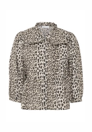 Animal print blouse in beige and black, featuring a ruffled collar, long sleeves, and a relaxed fit with gathered waist detail.