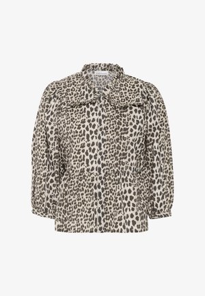 Bluzka w print zwierzęcy w beżowym i czarnym kolorze, z falbanistym kołnierzykiem, długimi rękawami oraz luźnym krojem z detalem w postaci ściągnięcia w talii.